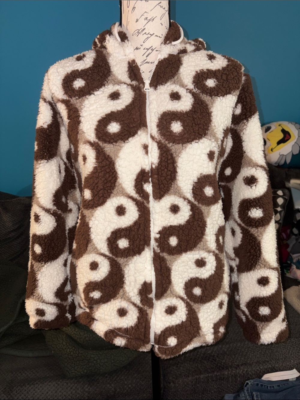 PacSun Yin Yang All-Over Print Sherpa Fleece Hoodie Jacket, XS